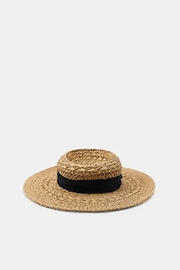 WOVEN HAT WITH CONTRASTING RIBBON