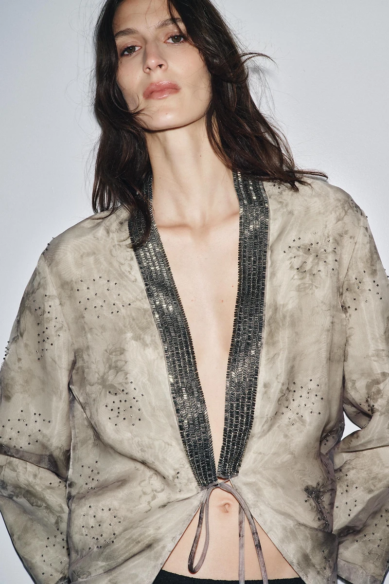 BEADED PRINT ORGANZA KIMONO