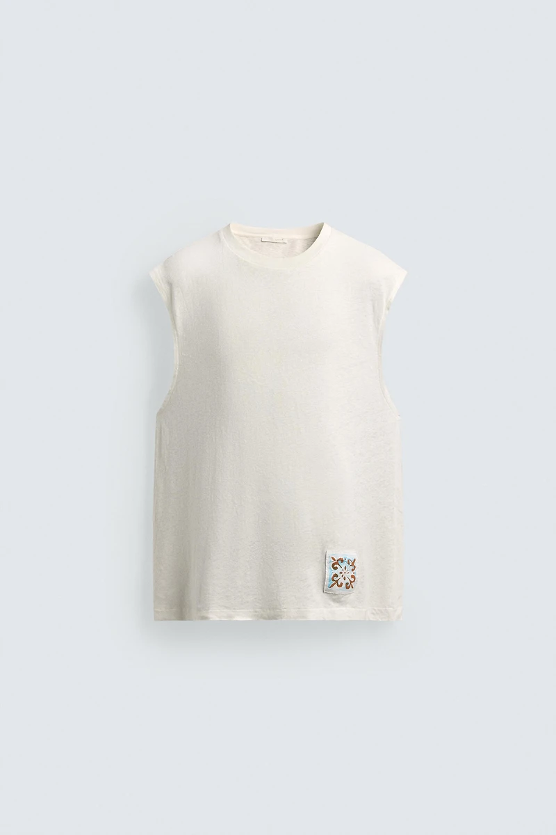 DÉBARDEUR EN COTON ET LIN AVEC PIÈCE