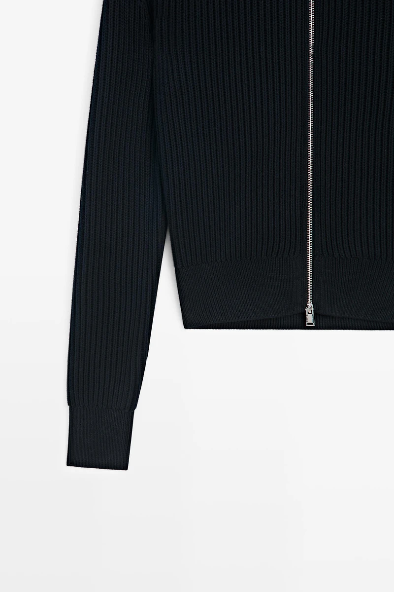 100% cotton knit cardigan with high neck detail