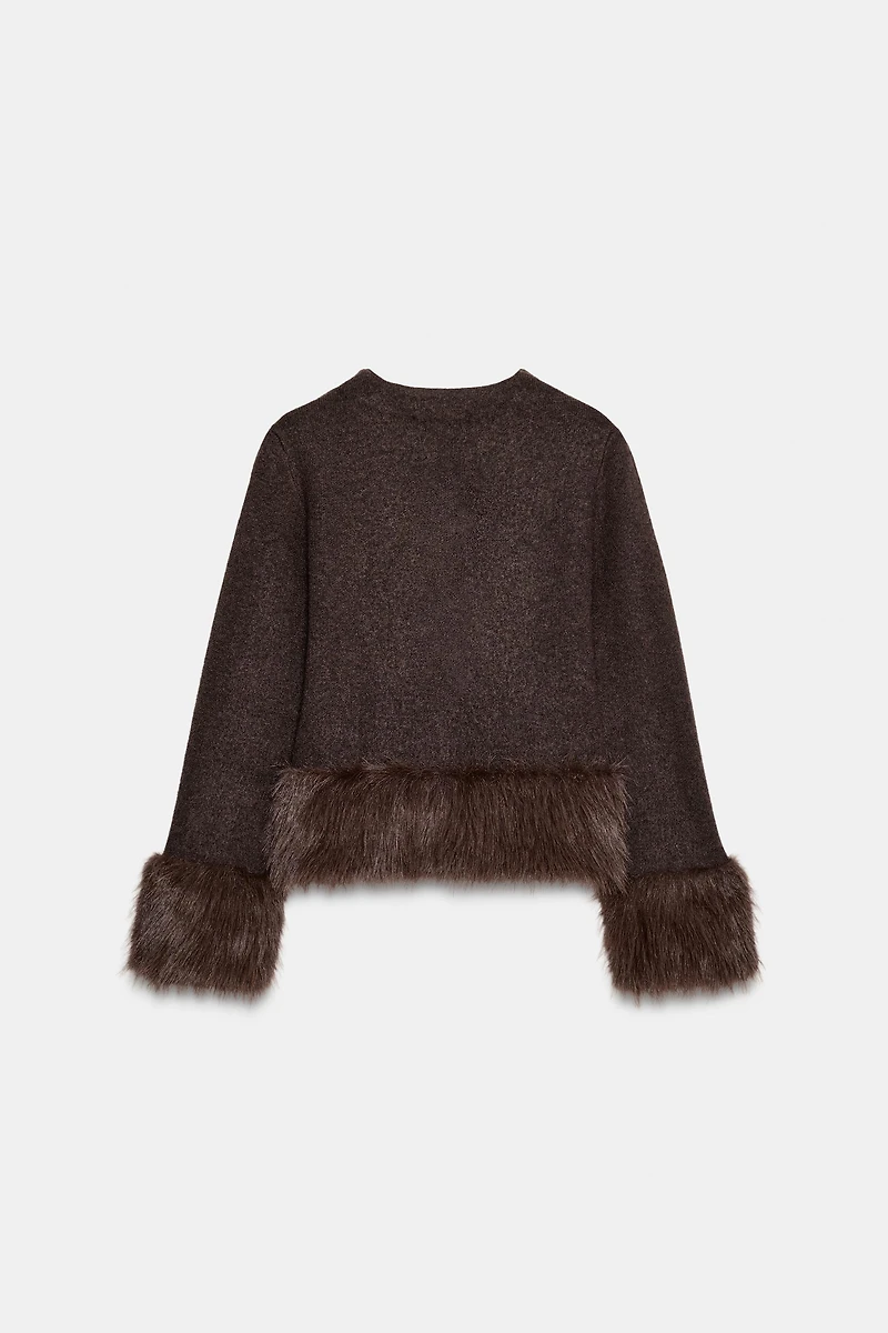 FAUX FUR TRIM KNIT CARDIGAN