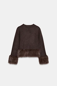 FAUX FUR TRIM KNIT CARDIGAN
