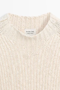 Linen blend openwork mock turtleneck top - LIMITED EDITION