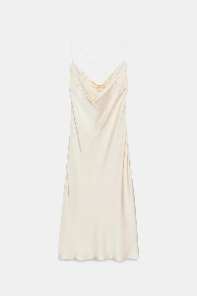 beige silk dress zara ASYMMETRIC SLEEVE SATIN EFFECT MIDI DRESS - Mid-camel