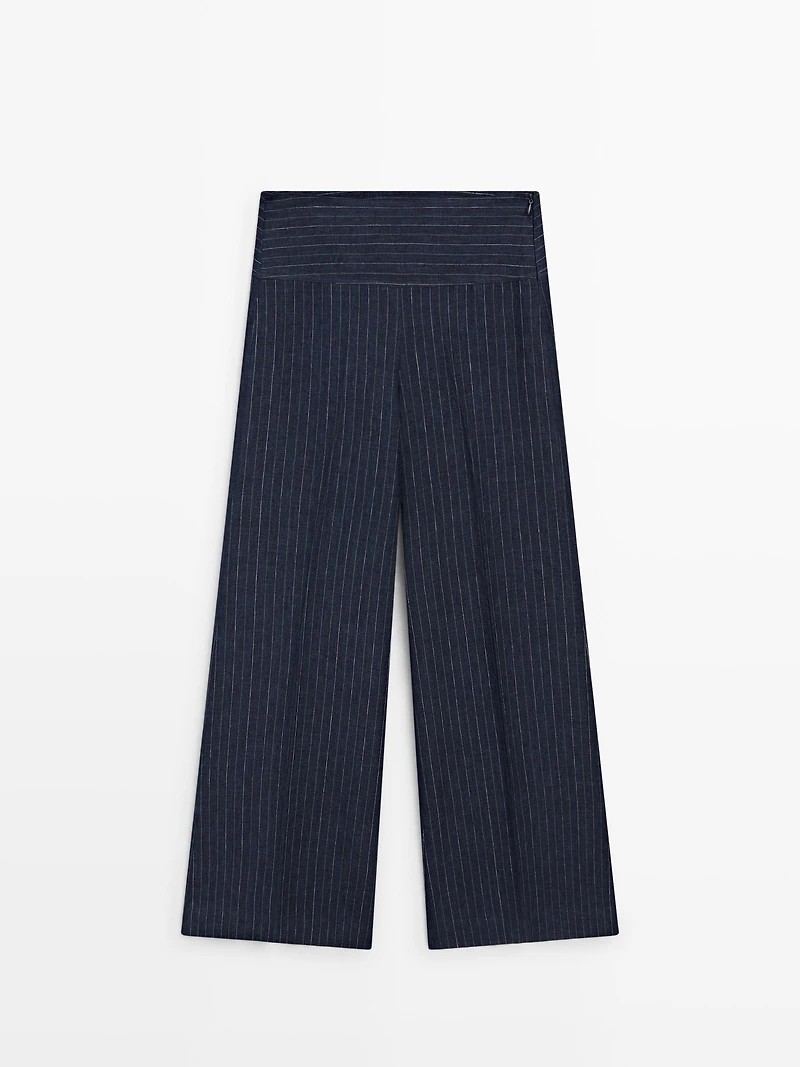 Flare fit linen trousers with striped details