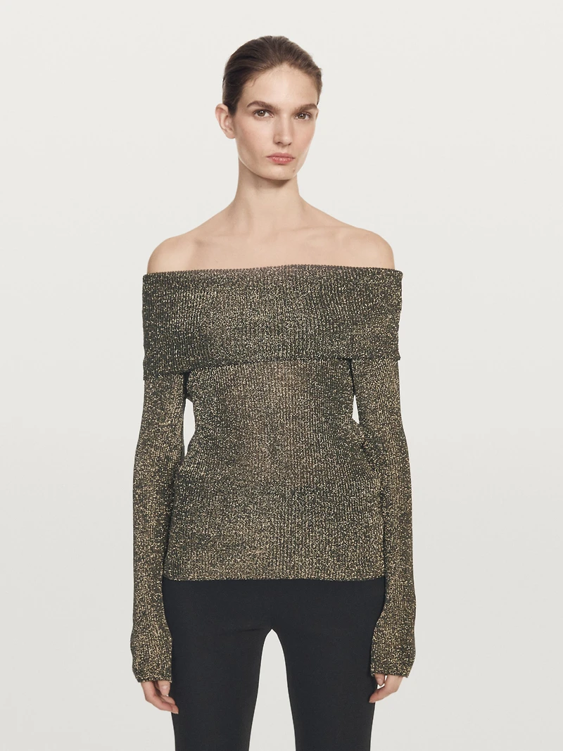 Off-the-shoulder knit sweater with metallic finish