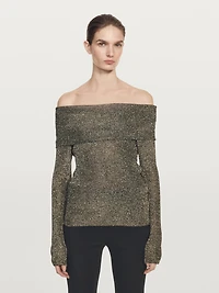 Off-the-shoulder knit sweater with metallic finish