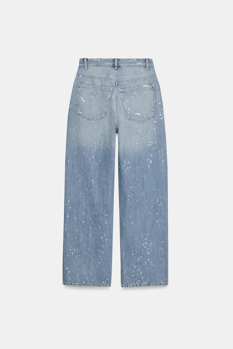 TRF HIGH-WAISTED STRAIGHT-LEG RHINESTONE JEANS