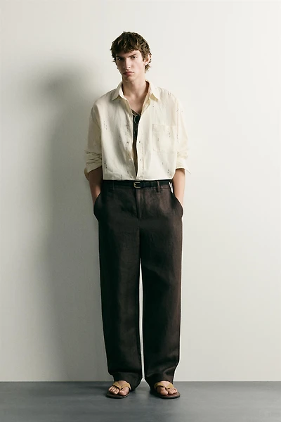 EMBROIDERED COTTON-LINEN RELAXED FIT SHIRT