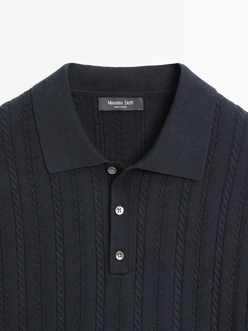 Cotton blend cable-knit polo sweater