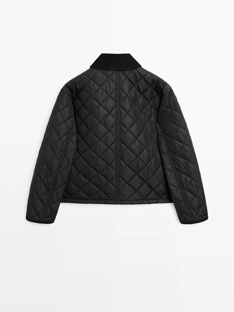 Short lightweight puffer jacket with corduroy detail