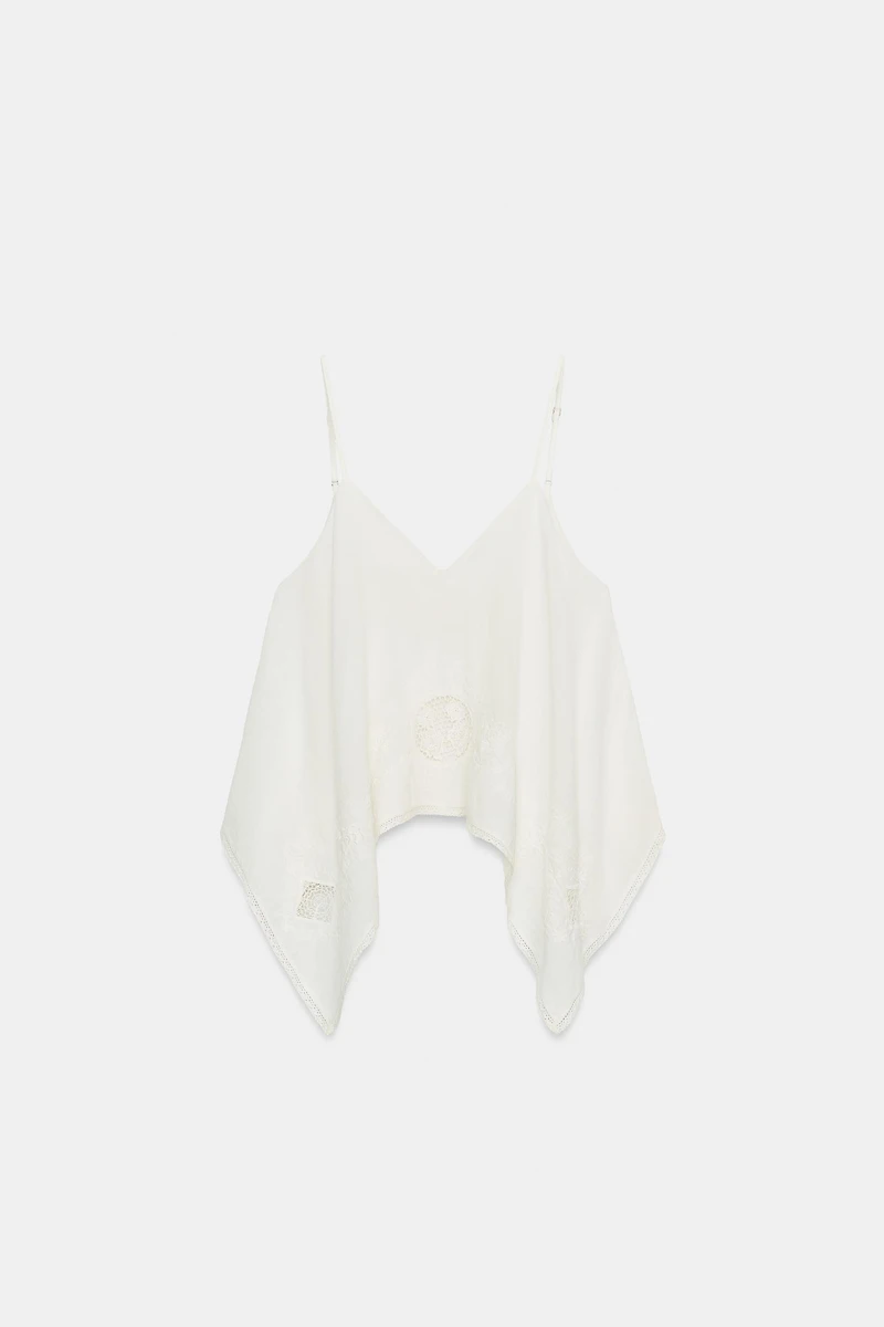 ASYMMETRIC EMBROIDERED GAUZE TOP