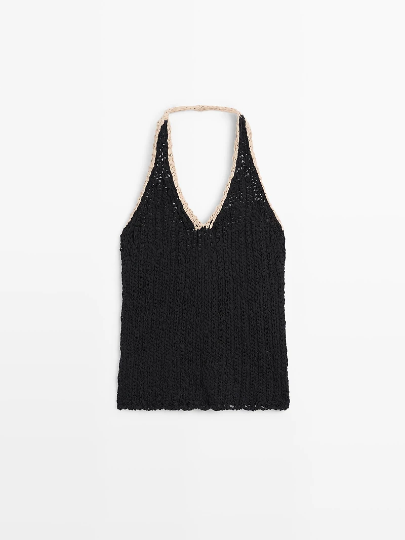 Contrast knit halter top