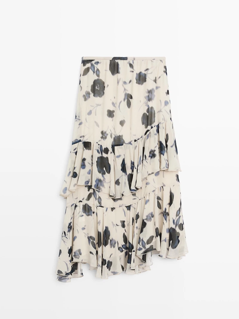 Ruffled floral print midi skirt