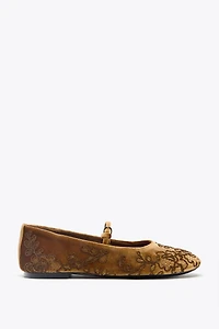 VELVET-EFFECT EMBROIDERED BALLET FLATS