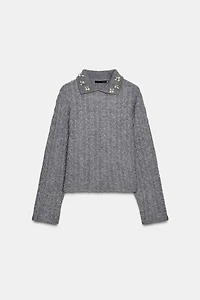 JEWEL COLLAR CABLE-KNIT SWEATER