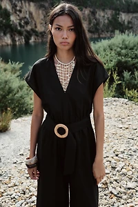 LINEN BELTED LONG JUMPSUIT