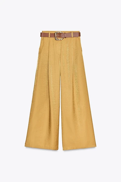 SATIN WIDE LEG BELTED PANTS
