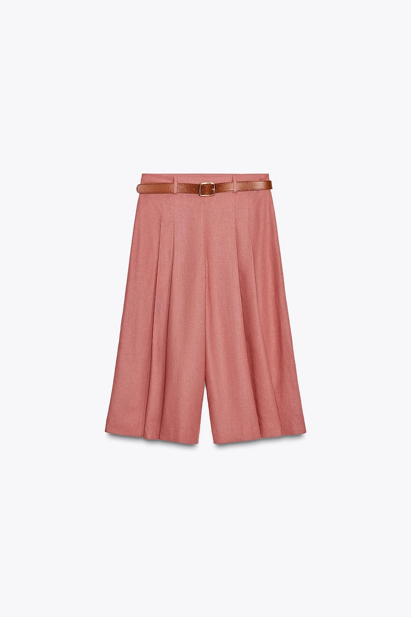 LINEN BELTED LONG BERMUDA SHORTS