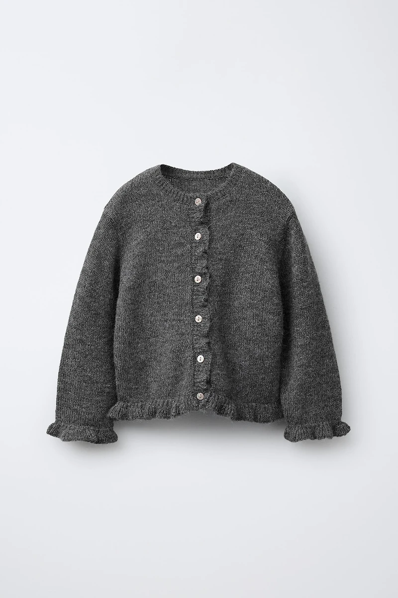 RUFFLED WOOL KNIT CARDIGAN
