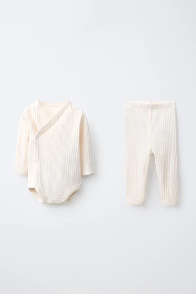 CONTRAST STITCH POINTELLE WRAP BODYSUIT AND LEGGINGS SET