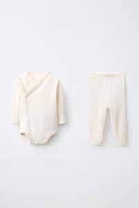 CONTRAST STITCH POINTELLE WRAP BODYSUIT AND LEGGINGS SET