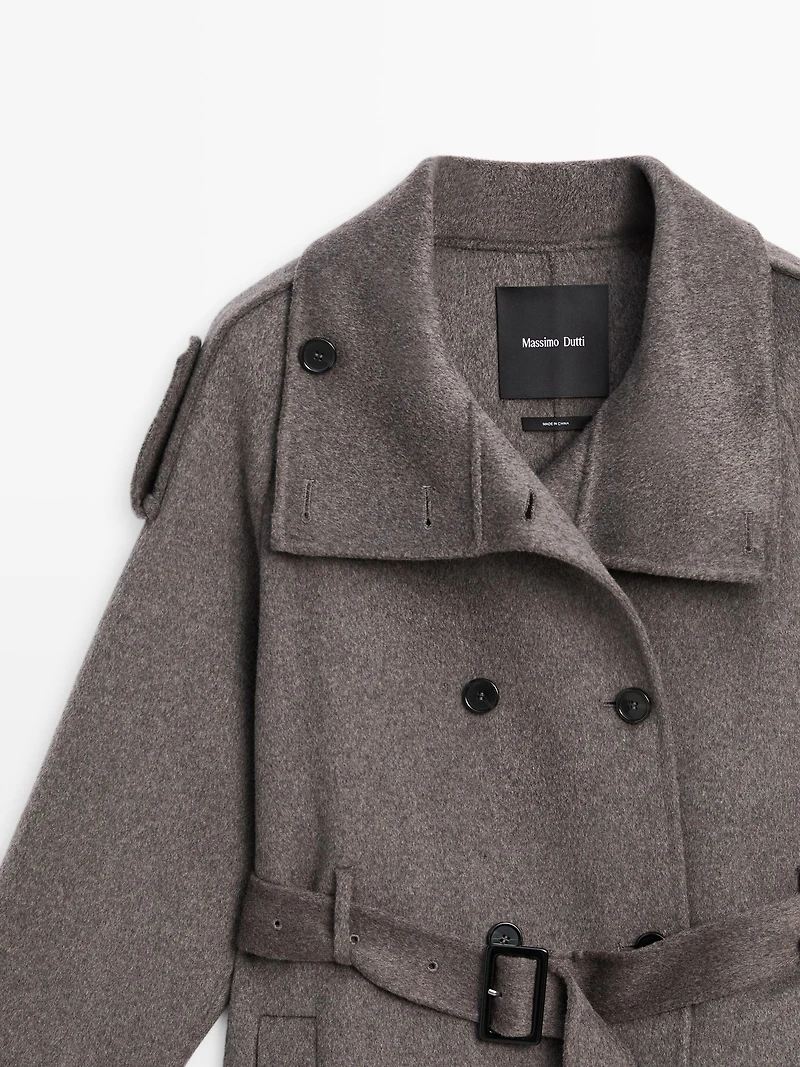 Trench long ceinture en laine mélangée