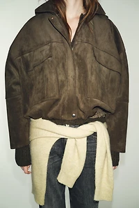 OVERSIZED FAUX SUEDE HOODED BOMBER JACKET