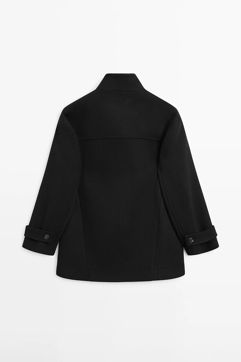 Wool blend high neck coat with button fastening