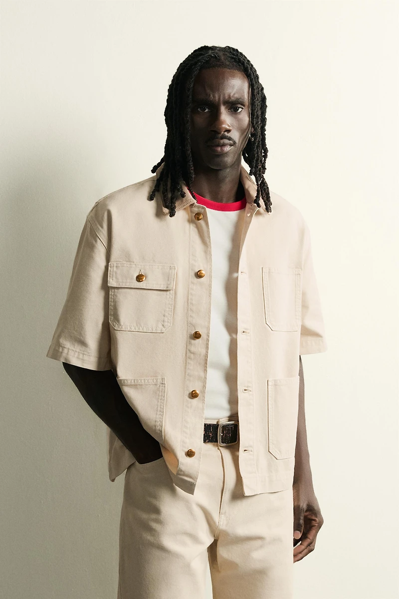 SHORT SLEEVE CONTRAST COLLAR OVERSHIRT