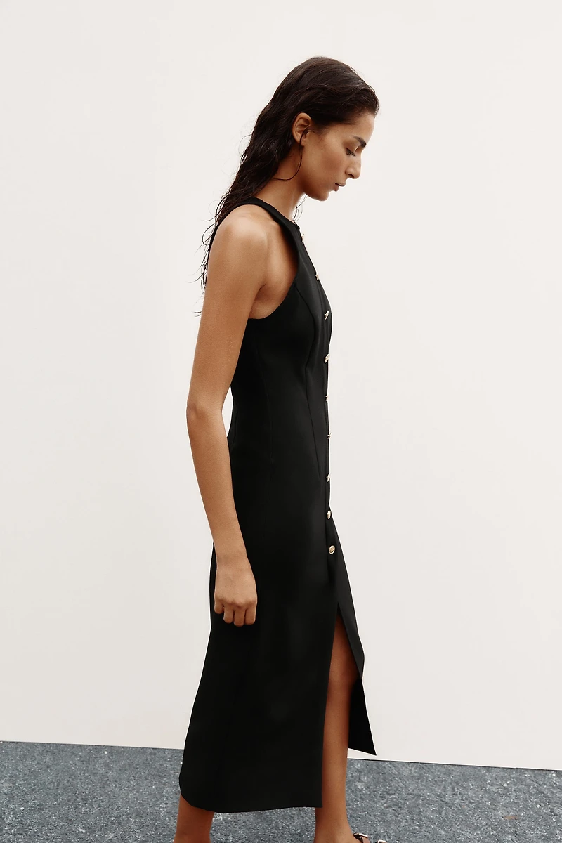 GOLD BUTTON CREPE MIDI DRESS