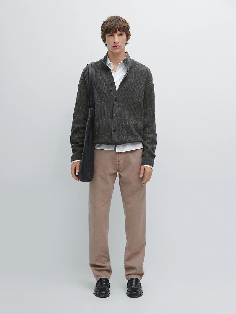 Cotton blend knit cardigan with high neck