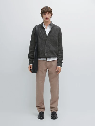 Cotton blend knit cardigan with high neck