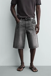 CHAIN EFFECT WASHED DENIM SHORTS