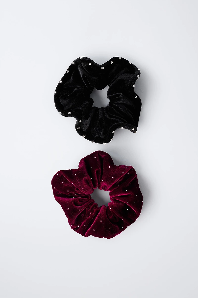 TWO-PACK OF VELVET RHINESTONE SCRUNCHIES