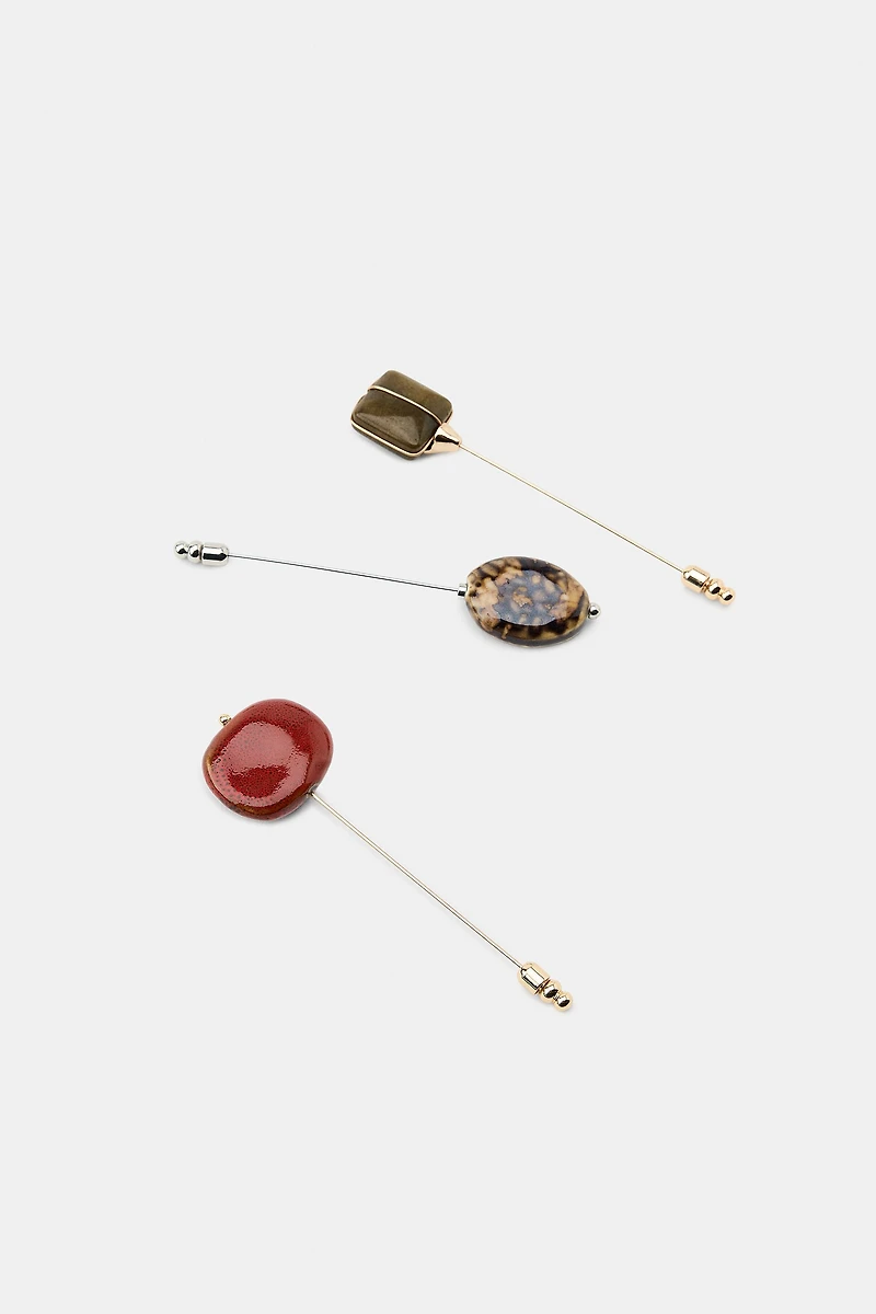 3-PACK OF PIN BROOCHES WITH STONES