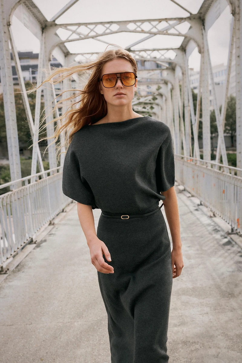 BELTED KNIT MIDI DRESS