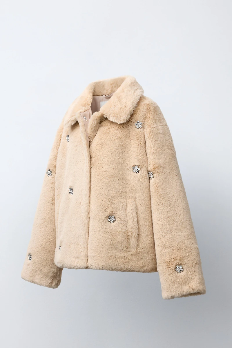 JEWELED FAUX FUR SHORT COAT