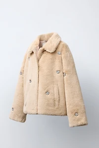 JEWELED FAUX FUR SHORT COAT