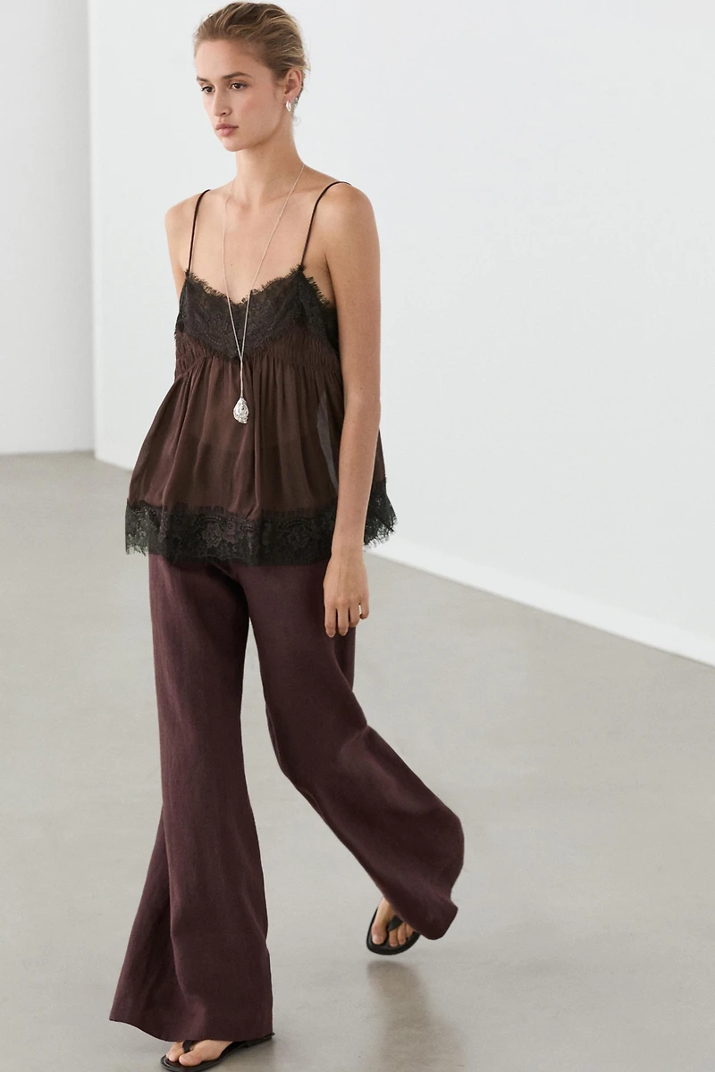 Pantalon flare taille moyenne 100 % lin