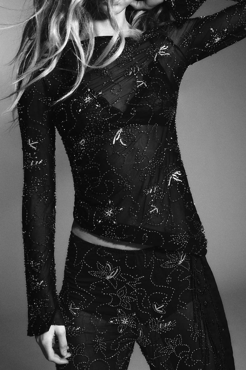 DRAPED EMBROIDERED BEADED TULLE TOP