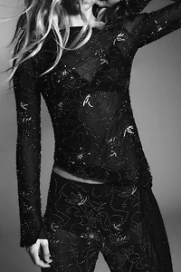 DRAPED EMBROIDERED BEADED TULLE TOP