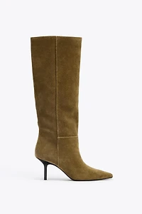 SPLIT LEATHER KITTEN HEEL BOOTS