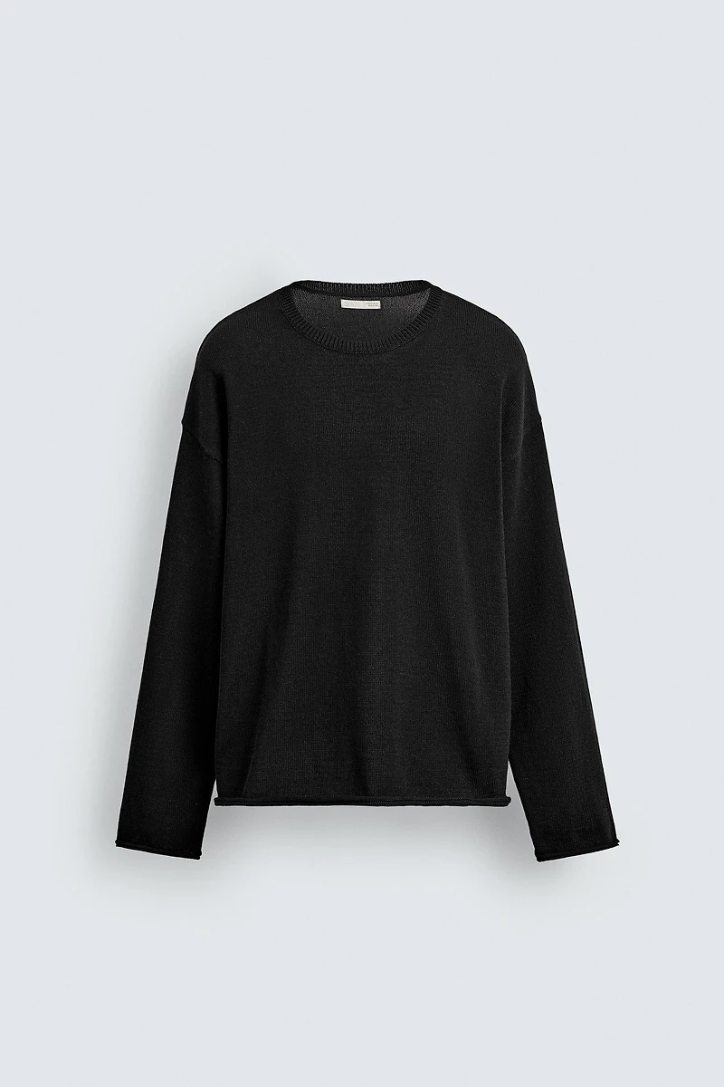 TEXTURED KNIT SWEATER WITH ROLLED TRIM