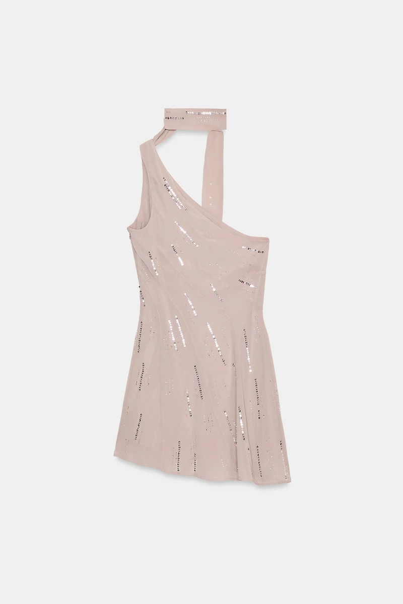 SHORT SEQUIN FOULARD DRESS