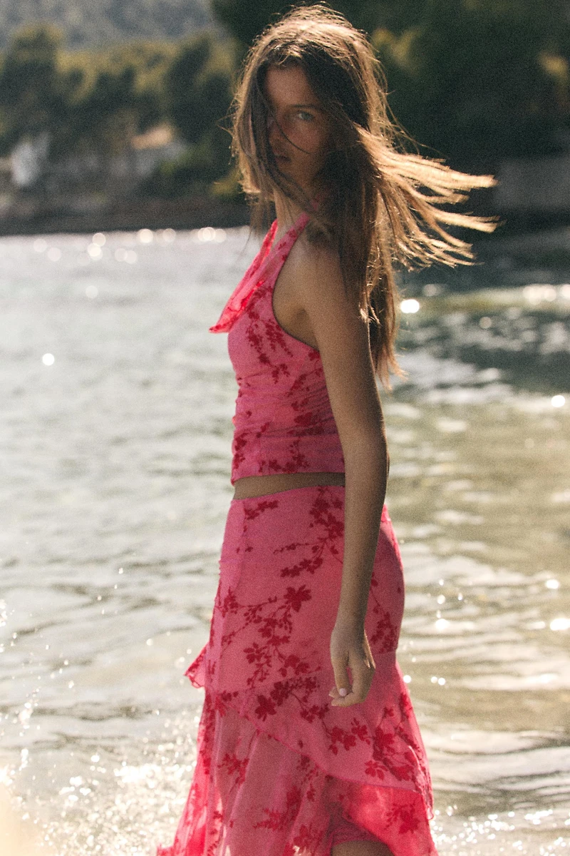 FLOCKED TULLE HALTER TOP