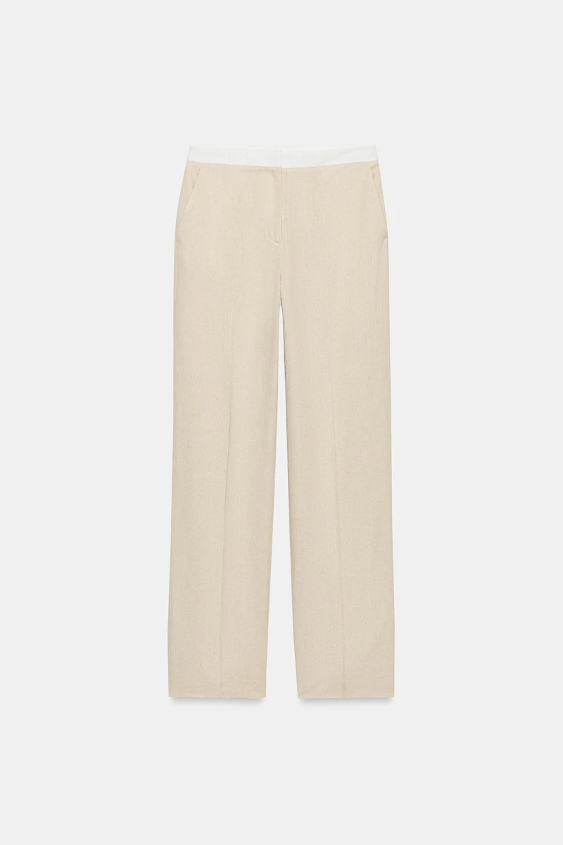 STRAIGHT LEG LINEN PANTS WITH CONTRAST WAIST