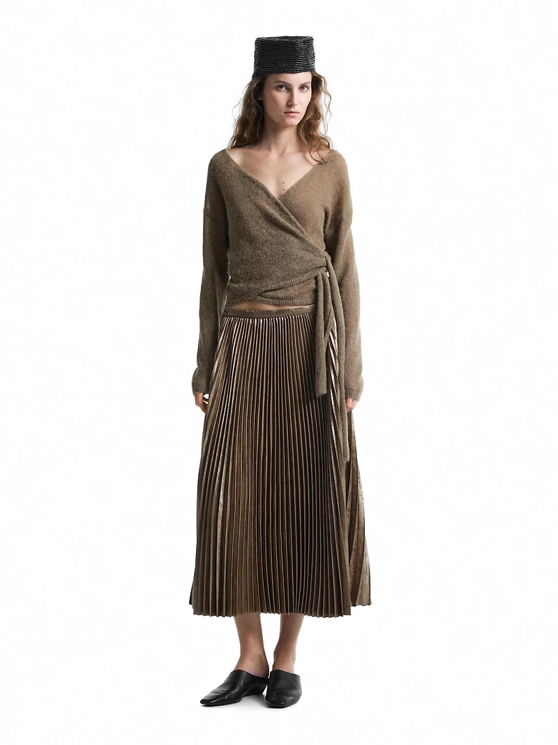 Alpaca blend crossover knit cardigan with tie