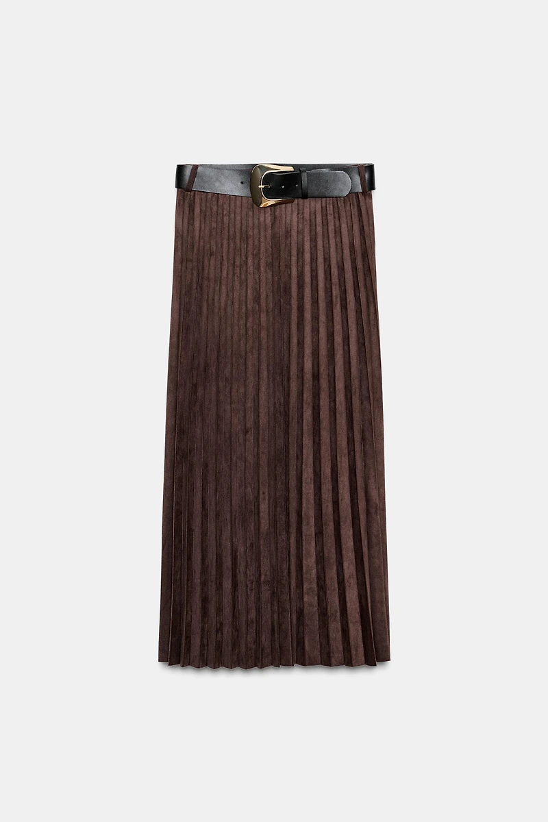 SUEDE EFFECT PLEATED MIDI SKIRT WITH BELT