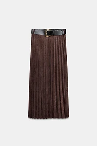 SUEDE EFFECT PLEATED MIDI SKIRT WITH BELT